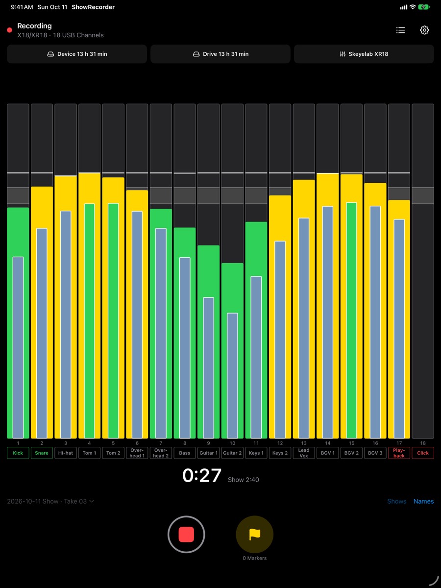 ShowRecorder on iPad during a Take: 18 level meters named Kick, Snare, Hi-hat, Toms, Overheads, Bass, Guitars, Keys, Lead Vox, three BGVs, Playback and Click, with recording time left on the Device and the Drive and the mixer "Skeyelab XR18" linked.