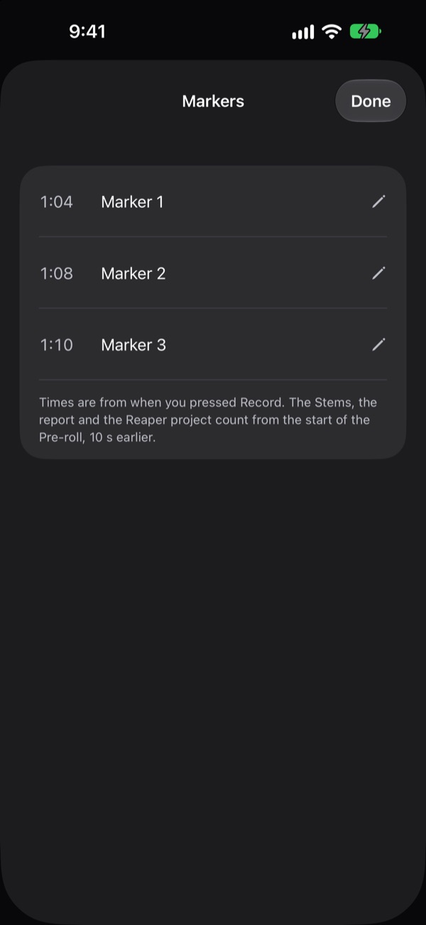 The Markers list for a Take: Marker 1, 2 and 3 at 1:04, 1:08 and 1:10, each with an edit button.